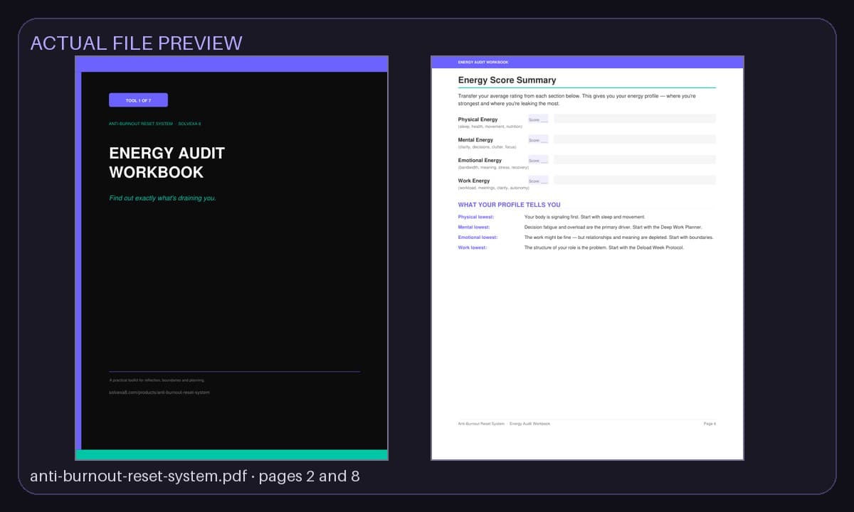 Preview of pages from the actual Anti-Burnout Reset System for High Performers files