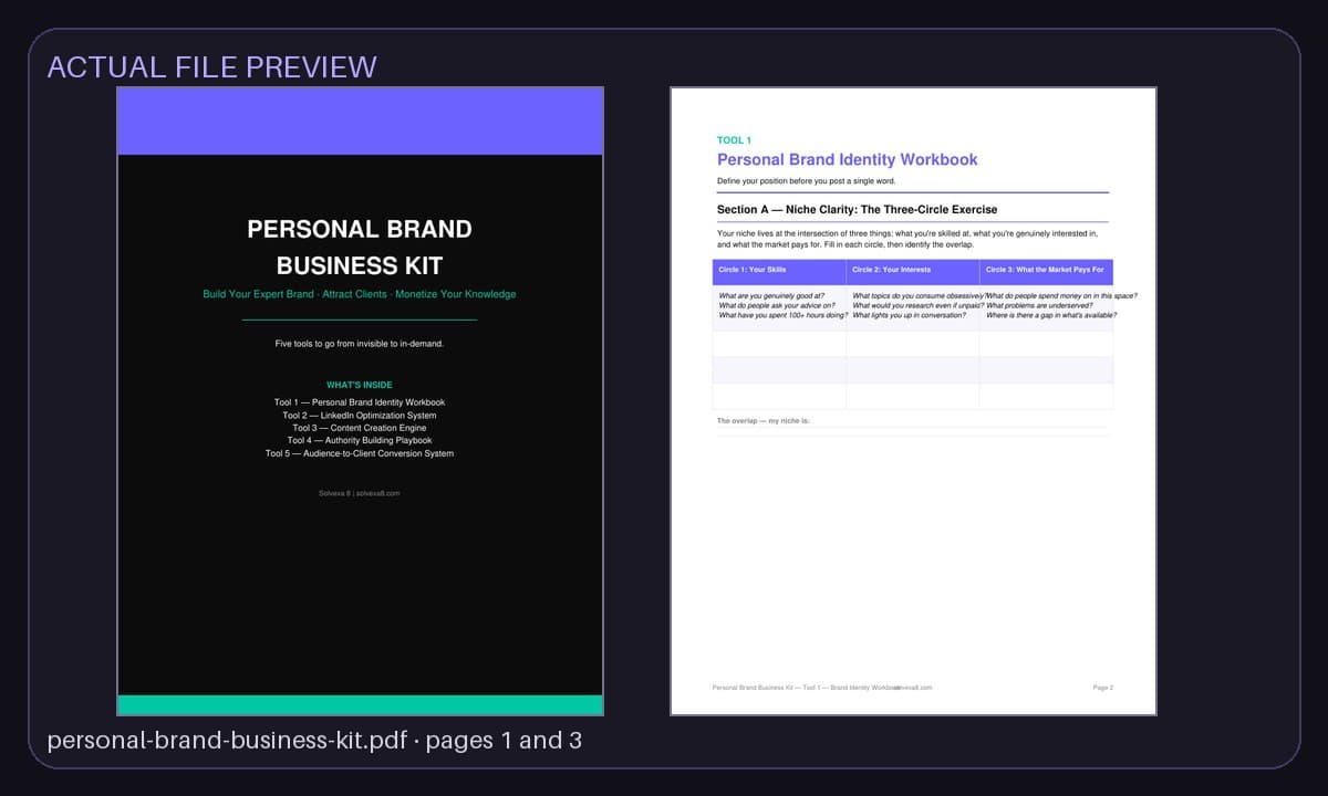 Preview of pages from the actual Personal Brand Business Kit files