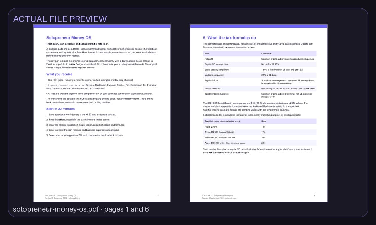 Preview of pages from the actual Solopreneur Money OS files